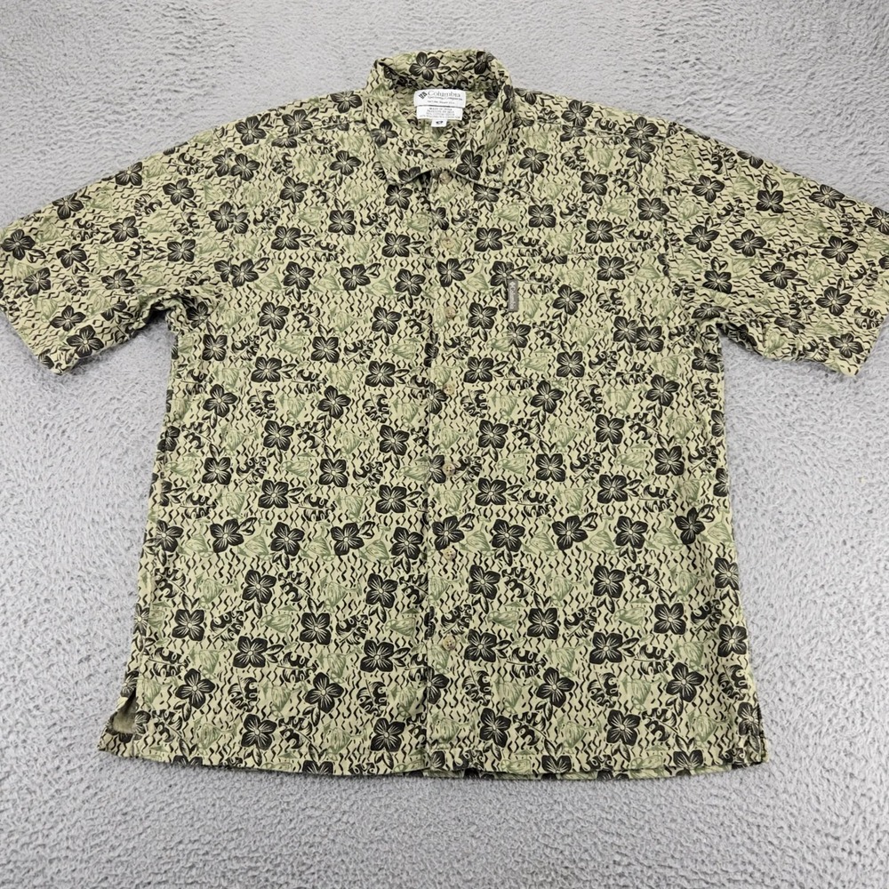 Columbia Button-Up Men's Medium Graphic Print Green Floral Linen Blend